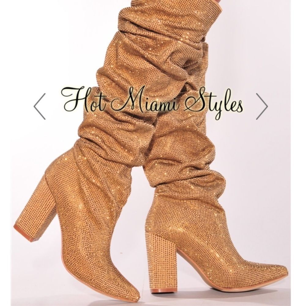 Gold Rhinestone Embellished Ruched Point Toe Boots